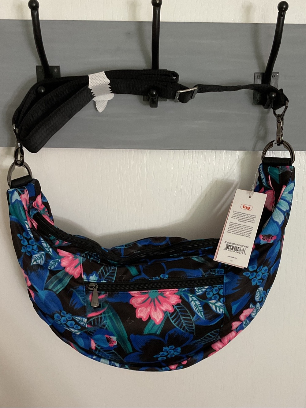 Lug Floral Crescent Crossbody Bag - Black with Blue & Pink Floral